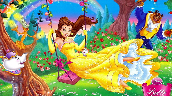 cartoon, 2560x1440, Beauty and the Beast, belle, Beast, Mrs. Potts, Lumiere, Chip, HD wallpaper HD wallpaper