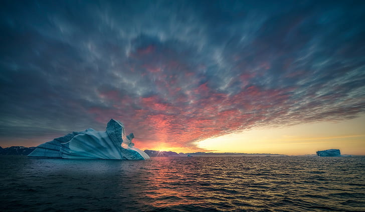 paysage, glace, nuages, mer, iceberg, vagues, eau, coucher de soleil, soleil, ciel, nature, orange, Fond d'écran HD