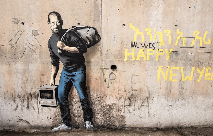 Banksy, graffiti, concreto, Steve Jobs, urbano, pared, arte callejero, Fondo de pantalla HD