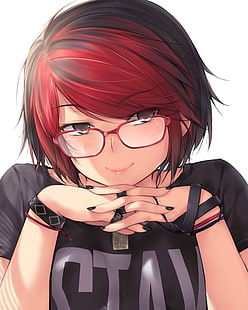 anime, gadis anime, rambut pendek, berambut merah, kacamata, kopianget, Wallpaper HD HD wallpaper