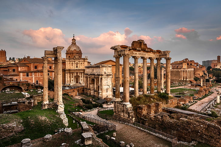 Roman Forum, Septimius Severus Arch, Roman Forum, Septimius Severus Arch, Saturn Temple, Rome, Italy, the Arch, the Temple of Saturn, area, ruins, columns, HD wallpaper