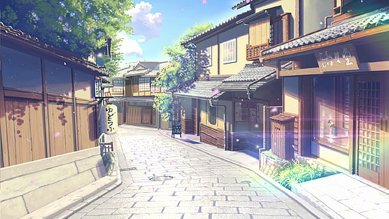 японски град, сгради, пейзаж, аниме, HD тапет HD wallpaper