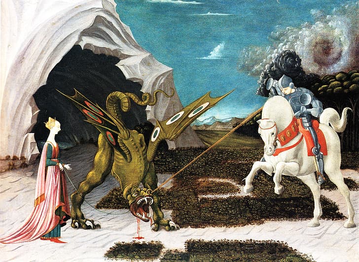 conto, quadro, mito, Paolo Uccello, São Jorge, a princesa e o dragão, Paul Bird, HD papel de parede