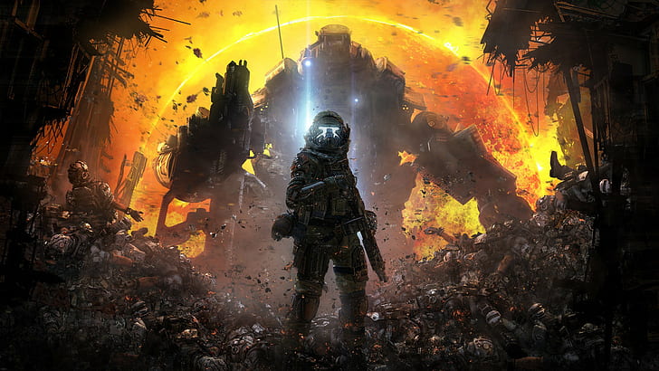 TitanFall Game, TitanFall, soldiers, pilot, Titan, Atlas, fur, corpses, ashes, weapons, sun, Bluepoint Games, Respawn Entertainment, Electronic Arts, HD wallpaper