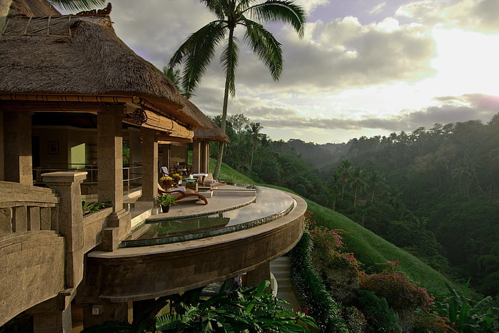 green palm tree, house, paradise, beautiful, palm trees, balcony, nature, HD wallpaper