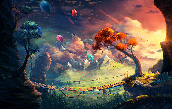 orange and green flowers, painting of bridge, trees, cliff, and balloons, anime, artwork, fantasy art, mountains, bridge, balloon, Sylar, clouds, HD wallpaper