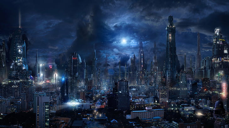 nuages, ville, Bladerunner, clair de lune, futuriste, bâtiment, nuit, Fond d'écran HD