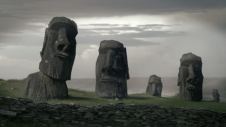 konstverk, digital konst, illustration, Moai, Luciano Neves, östra öar, HD tapet