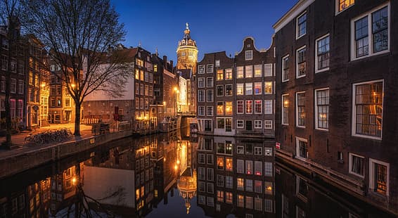 reflection, building, home, Amsterdam, channel, Netherlands, night city, promenade, De Wallen, HD wallpaper HD wallpaper