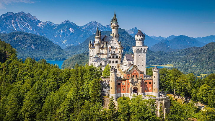 城、ノイシュヴァンシュタイン城、ドイツ、美しい、古い、アンティーク、古代、建設、宮殿、要塞、山、森、日光、豪華な、 HDデスクトップの壁紙