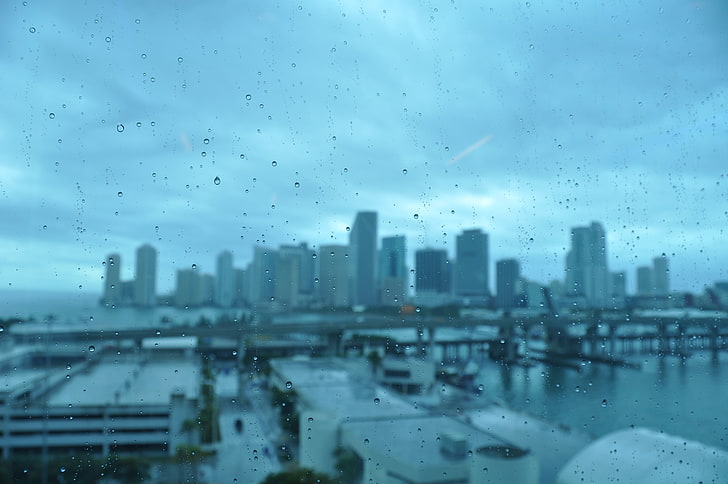 капка вода на прозореца, градски пейзаж, капки вода, Маями, HD тапет