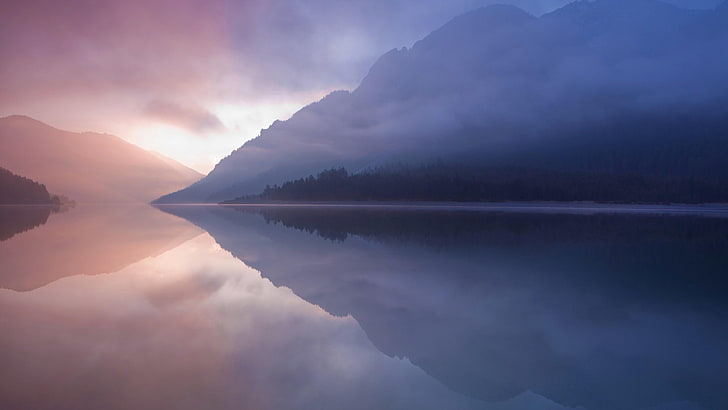 lac, reflet, paysage, brumeux, montagnes, reflété, brouillard, Fond d'écran HD
