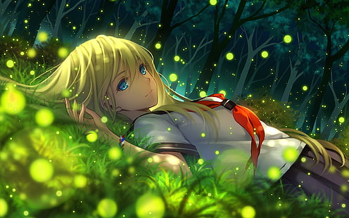 аниме момичета, аниме, произведения на изкуството, блондинка, вечно лято, сини очи, училищна униформа, трева, дървета, HD тапет HD wallpaper