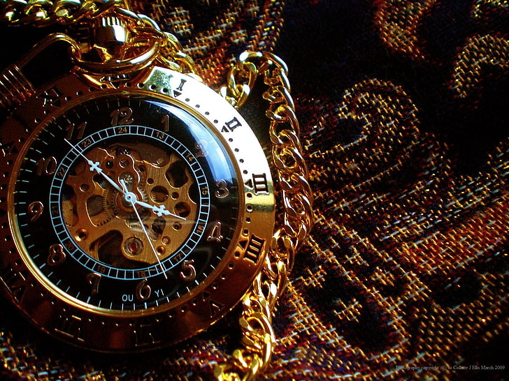 round gold-colored bezel mechanical watch, steampunk, watch, HD wallpaper