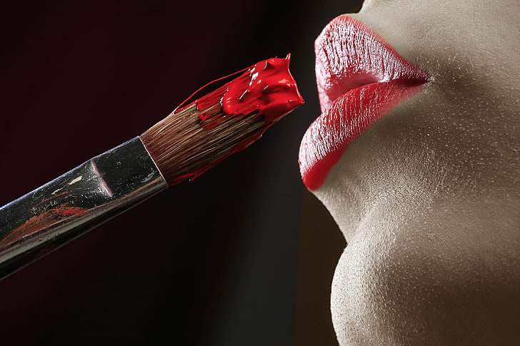 femmes, rouge, pinceaux, éclaboussures de peinture, lèvres, rouge à lèvres rouge, Fond d'écran HD