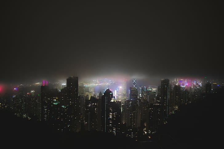 hong kong, vue arrière, néon, brouillard, instagram, Fond d'écran HD
