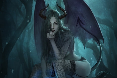  Girl, Darkness, Horns, Dragon, Art, Beautiful, Devil, Succubus, Fiction, Illustration, Dark Queen, Demoness, by Engy Jeong, The Succubus in forest, Engy Jeong, HD wallpaper HD wallpaper