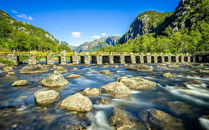 Rogaland, Norge, flod, stenbro, stenar, berg, träd, Rogaland, Norge, flod, sten, bro, stenar, berg, träd, HD tapet