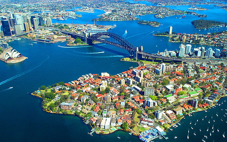 都市、シドニー、市、シドニーハーバーブリッジ、シドニーオペラハウス、 HDデスクトップの壁紙