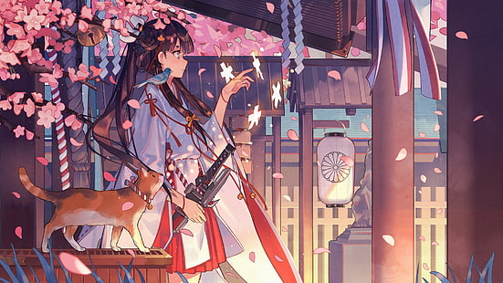 anime flicka, kimono, katana, sakura blossom, profilvy, traditionell byggnad, anime, HD tapet HD wallpaper