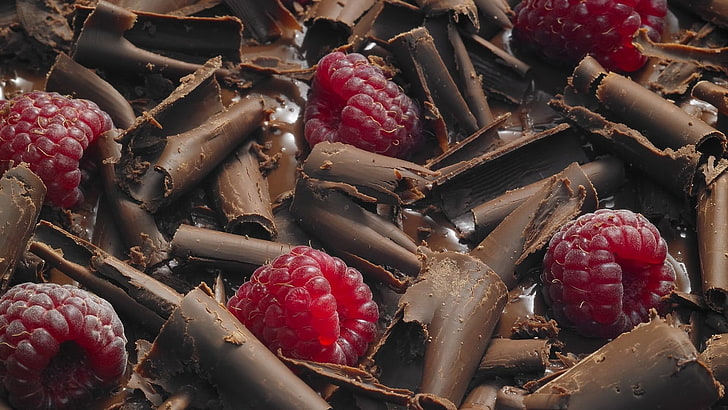 red raspberries, food, chocolate, dessert, raspberries, HD wallpaper