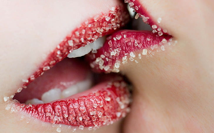zucchero, rossetto rosso, bocca aperta, lesbiche, labbra, baci, donne, primo piano, bocca, Sfondo HD