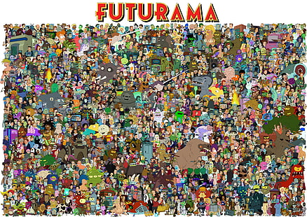 Doodle изкуство на Futurama, Futurama, Turanga Leela, Philip J. Fry, карикатура, Bender, Hermes Conrad, професор Farnsworth, Zoidberg, Donkey Kong, Lrrr, HD тапет HD wallpaper