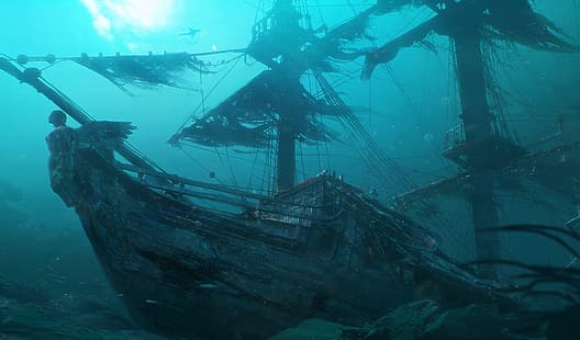 под вода, кораб, корабокрушение, HD тапет HD wallpaper