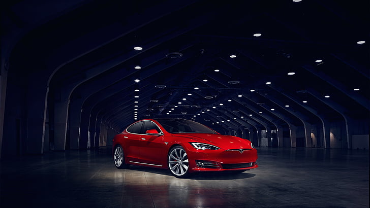 червен седан на бункер, Tesla Model S P90D, електрически автомобили, Elon Musk, червен, HD тапет