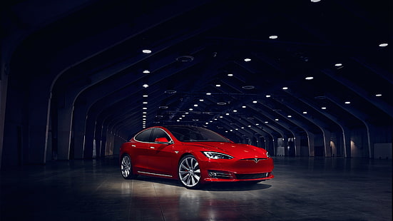 sedan vermelho no bunker, Tesla Model S P90D, carros elétricos, Elon Musk, vermelho, HD papel de parede HD wallpaper