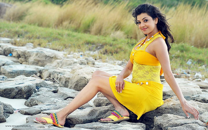 Kajal Aggarwal, mini dress tanpa lengan kuning wanita, kajal, aggarwal, Wallpaper HD