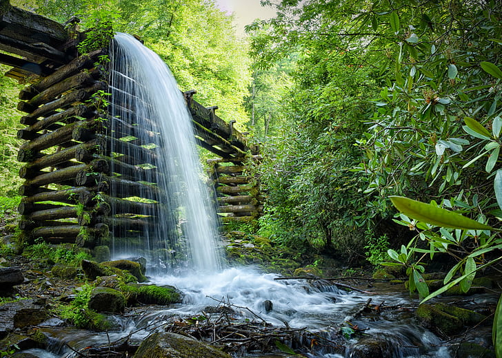 waterfalls surrounded green leaf trees, Mill's, Spillway, waterfalls, green leaf, trees, ngc, Mingus, Smoky  Mountains, National  Forest, Cherokee  North  Carolina, Nikon  D5500, Smokey Mountains, Vacation, Lightroom, nature, waterfall, forest, stream, river, water, tree, outdoors, leaf, green Color, landscape, HD wallpaper