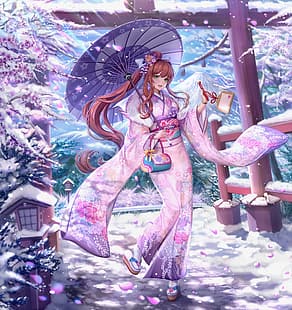 Monika (Doki Doki Literature Club), Doki Doki Literature Club, kimono, brunetka, kucyk, zielone oczy, parasol, Tapety HD HD wallpaper