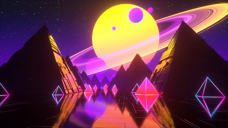 Music, Stars, Planet, Space, Pyramid, Background, Neon, Synth, Retrowave, Synthwave, New Retro Wave, Futuresynth, Sintav, Retrouve, Outrun, HD wallpaper