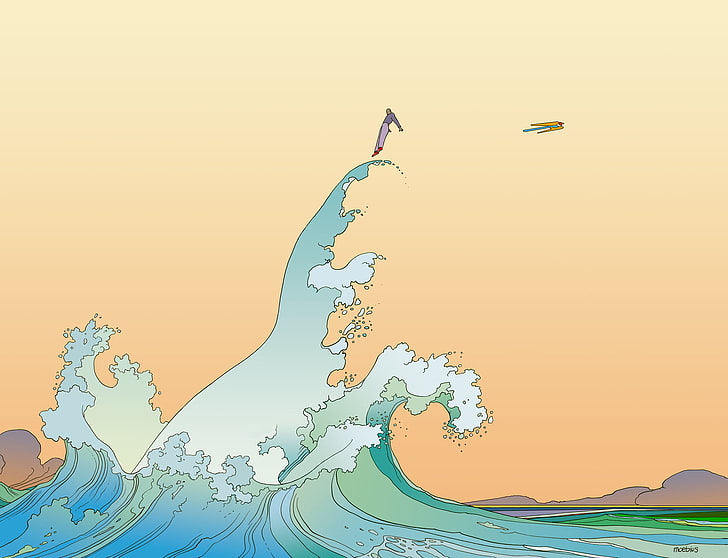 Mœbius, comics, artwork, sea, waves, HD wallpaper