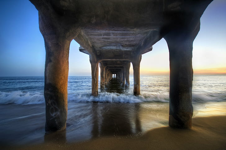 Under Pier during sunset, Sunset, Pier, la  california, stuck, customs, blog, photography, hdr, high  dynamic  range, digital  imaging, Nikon  d2xs, color, travel, north  America, united  states, USA, west  coast, pacific, world, los  angeles, manhattan  beach, manhattan beach, waves, ocean, shore, lonely, city, sand, dusk, scenic, colors, problem, vanishing  point, perspective, angle, HD wallpaper