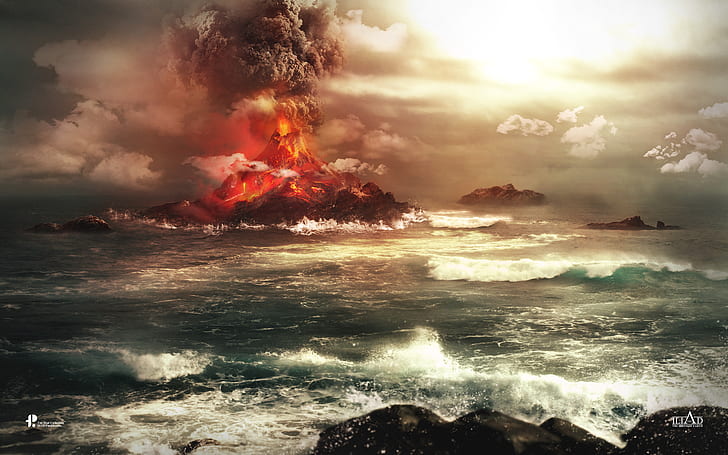Vulkan, vulkan nära vattenkroppsfoto, vulkan, HD tapet