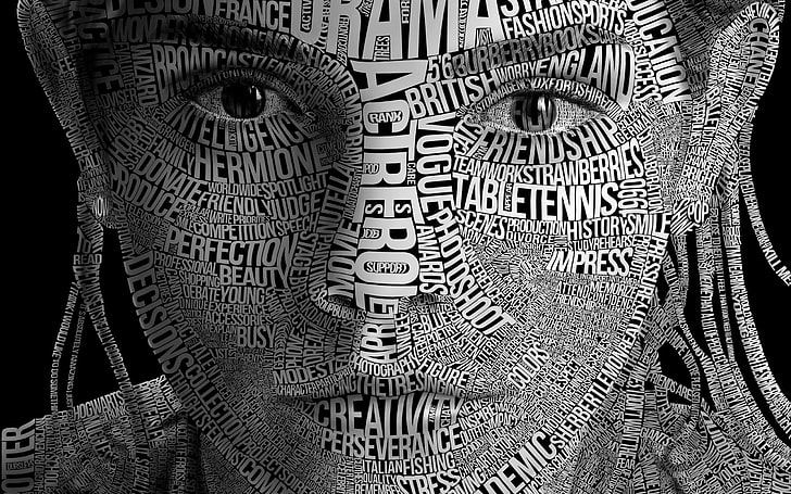 latar belakang hitam dengan hamparan teks, tipografi, karya seni, Emma Watson, potret tipografi, wanita, wajah, monokrom, abu-abu, Wallpaper HD