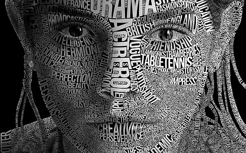 latar belakang hitam dengan hamparan teks, tipografi, karya seni, Emma Watson, potret tipografi, wanita, wajah, monokrom, abu-abu, Wallpaper HD HD wallpaper