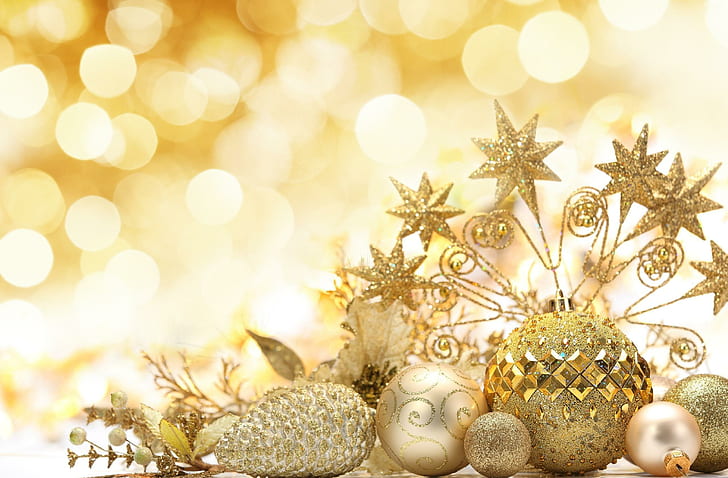 елочные украшения, золото, новый год, украшения, настроение, елочные украшения, золото, новый год, украшения, настроение, HD обои