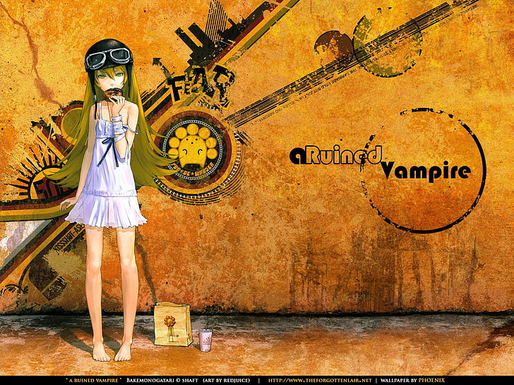 En förstörd vampyr digital tapet, Anime, Monogatari (serie), flyghjälm, Bakemonogatari, blond, munk, Shinobu Oshino, gula ögon, HD tapet