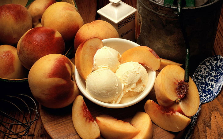 Ice cream and peaches, bunch of beige and red round fruit, photography, 1920x1200, ice cream, peach, HD wallpaper