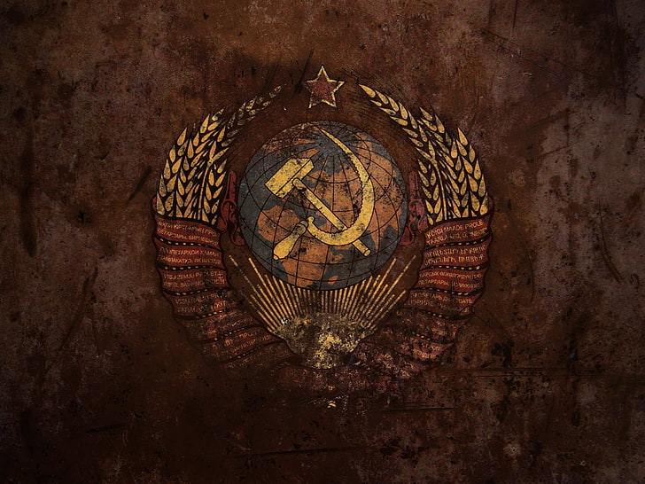 logotipo azul, marrom e bege do pedreiro do planeta e do trigo, estrela, URSS, brasão, martelo e foice, HD papel de parede