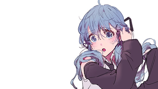 Anime, Manga, Anime Girls, einfacher Hintergrund, Minimalismus, Nahaufnahme, blaues Haar, offener Mund, HD-Hintergrundbild HD wallpaper