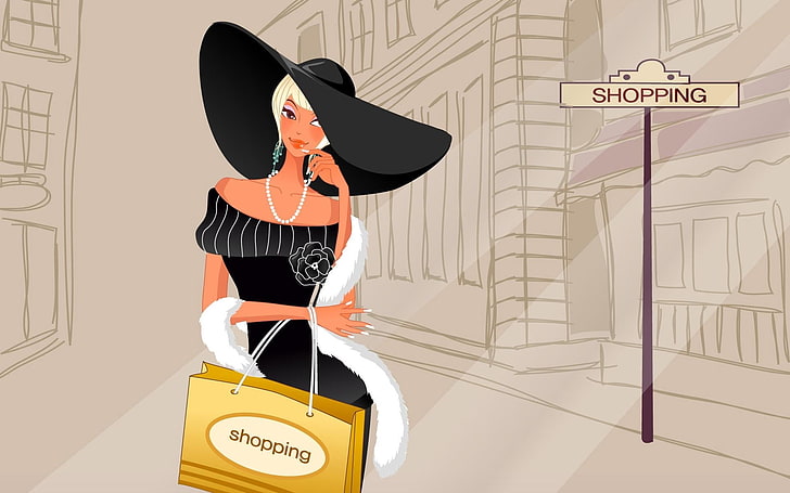 woman carrying shopping bag illustration, girl, lady, walk, hat, style, fashion, shopping, street, town, HD wallpaper