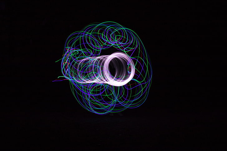teal, green, and blue spiral illustration, projection, light, circle, lines, HD wallpaper