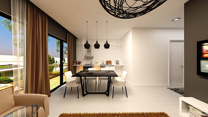 desain, meja, kursi, interior, modern, ruang makan, Wallpaper HD