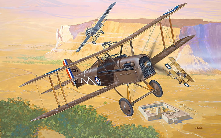 brown bi-plane, the plane, one, fighter, art, BBC, biplane, English, single, fighters, UK, The first world war, WWI., S.E.5a, best, Royal Aircraft Factory, HD wallpaper