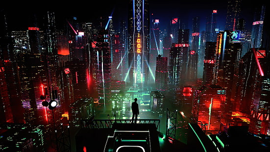 cyber, science fiction, digital art, concept art, cyberpunk, artwork, futuristic, fantasy art, fan art, 3D, cityscape, futuristic city, CGI, technology, men, night, HD wallpaper HD wallpaper