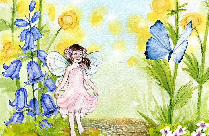 Fairy Watercolor Painting, Artistic, Drawings, Blue, Girl, Yellow, Green, Happy, Butterfly, Flowers, Drawing, Painting, happiness, Tiny, Fairy, Watercolor, Fairytale, aquarelle, HD wallpaper